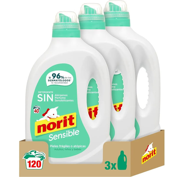 🤍 Norit Sensible – Detergente Líquido Hipoalergénico Sin Perfume | Piel Sensible y Atópica | Pack 3 Unidades